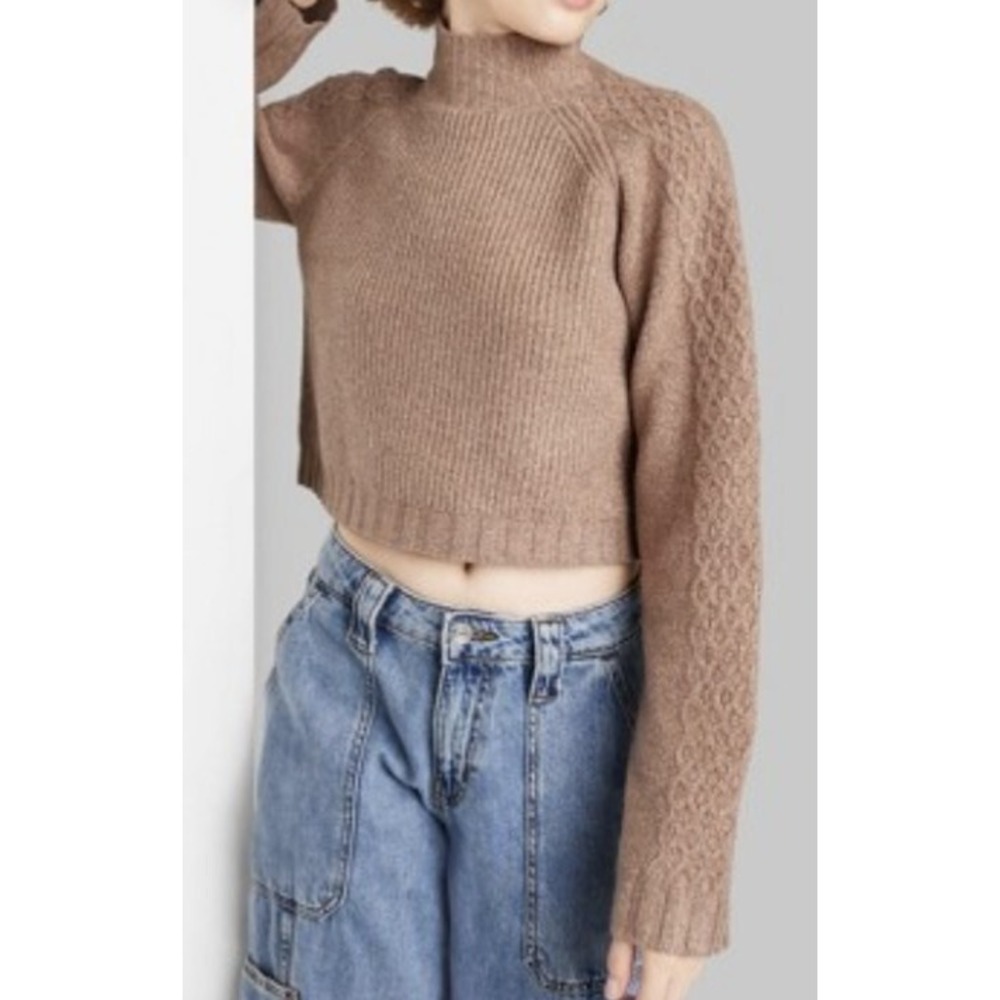 Women's Mock Turtleneck Boxy Pullover Sweater crop Wild Fable brown size XXS